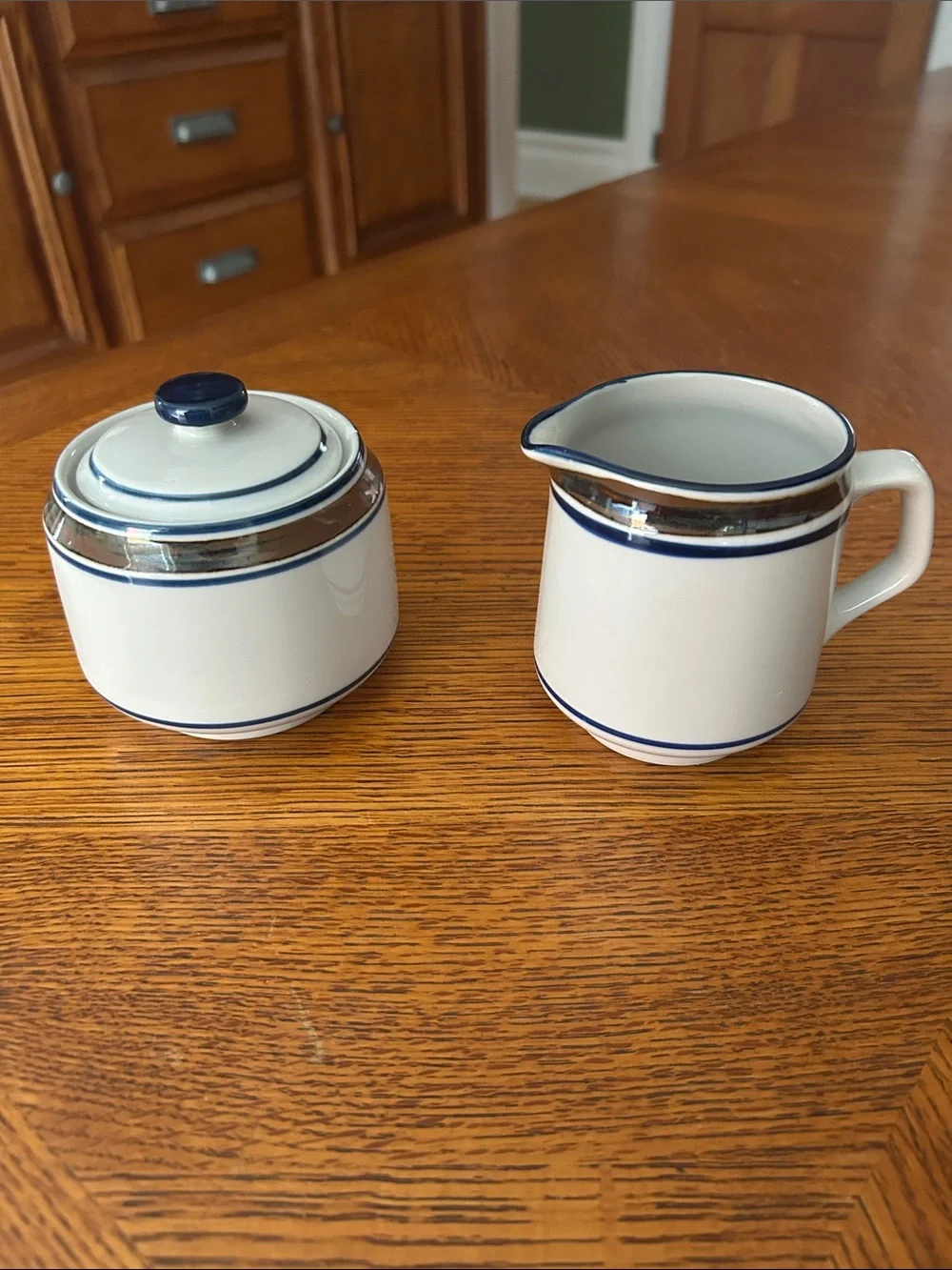 Vintage Salem Stoneware Georgetown Creamer and Sugar Set with Navy & Brown Trim